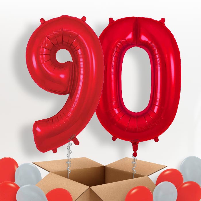 Red 90 Balloons in a Box: 90th Birthday Number Balloons - Package | Party Save Smile