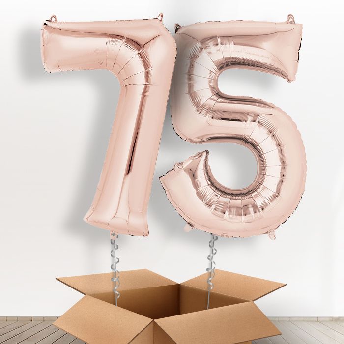 75th Birthday Balloons in a Box - Rose Gold Numbers - Package | Party Save Smile