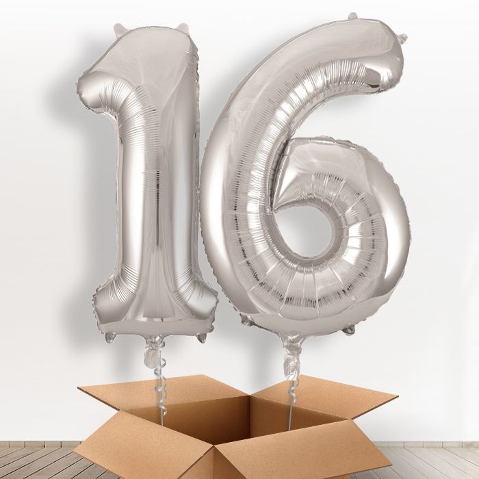 Silver 16th Birthday Helium Balloon Numbers in a Box - Package | Party Save Smile