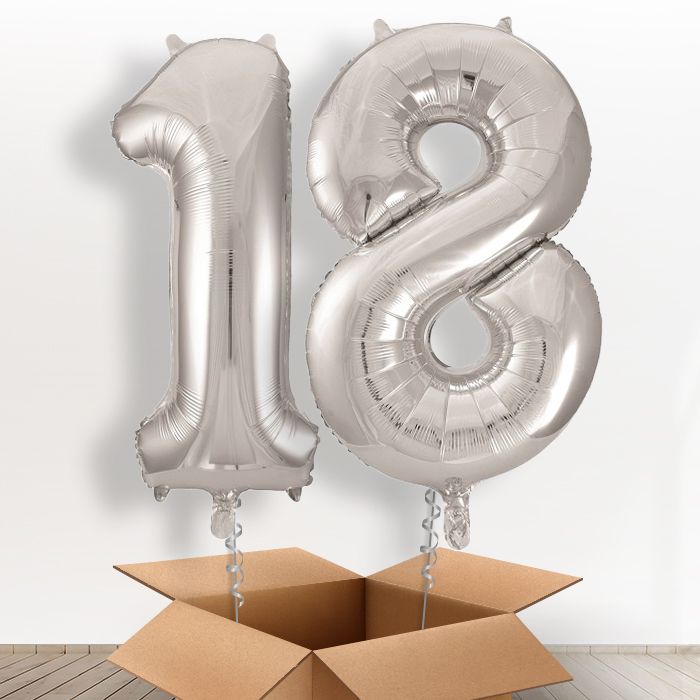 Silver 18th Birthday Helium Balloon Numbers in a Box - Package | Party Save Smile