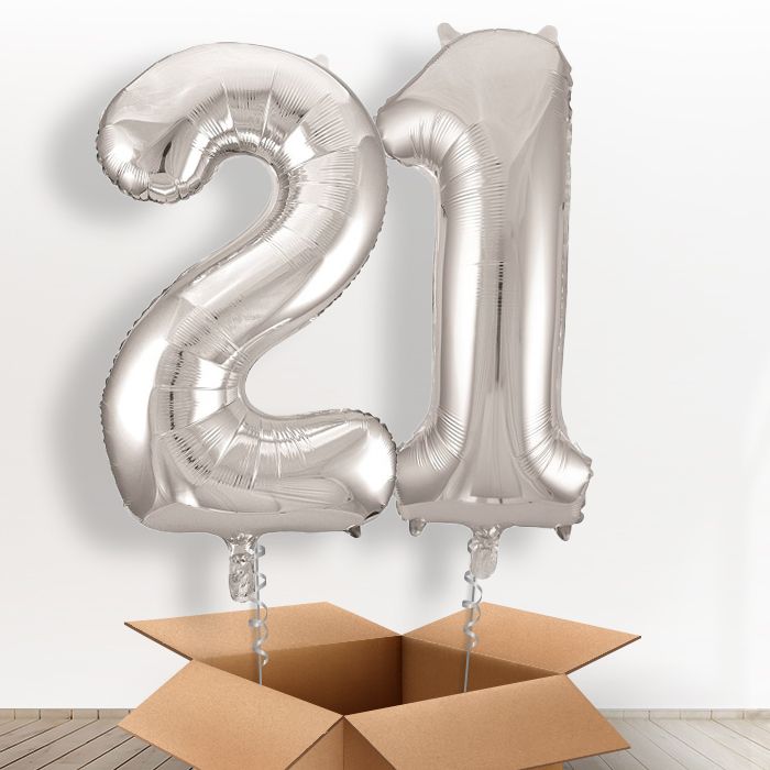 Silver Giant Numbers 21st Birthday Helium Balloon in a Box Gift - Package | Party Save Smile