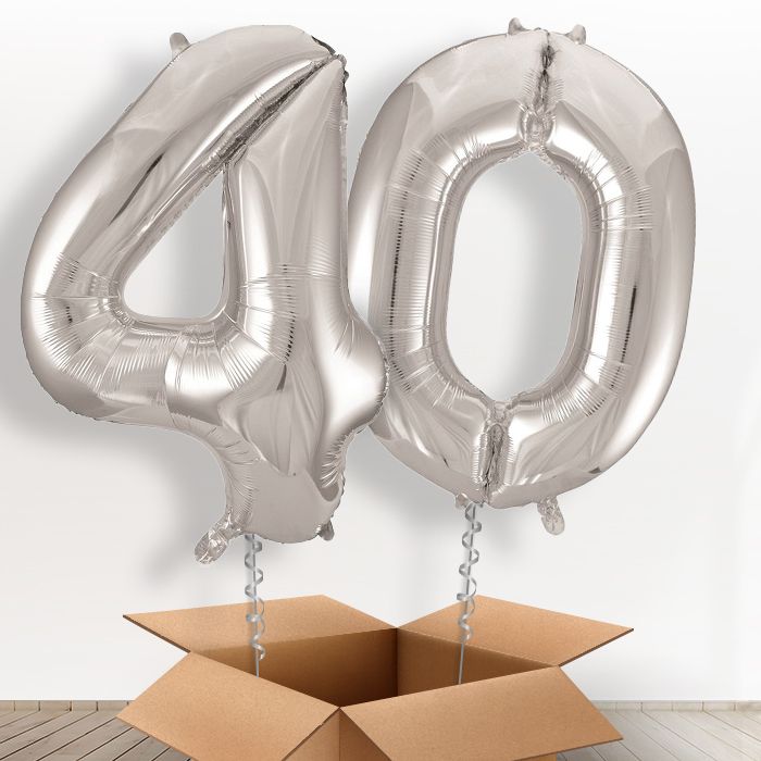 Silver Giant Numbers 40th Birthday Helium Balloon in a Box Gift - Package | Party Save Smile