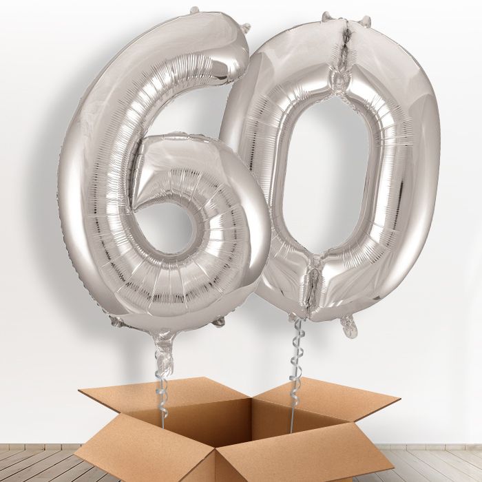 Silver Giant Numbers 60th Birthday Helium Balloon in a Box Gift - Package | Party Save Smile