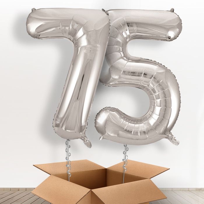 Age 75 Helium Balloons in a Box - Silver Number - Package | Party Save Smile