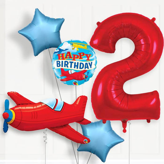 Red Airplane 2nd Birthday Helium Balloon Package - 2nd Birthday Balloon Package | Party Save Smile