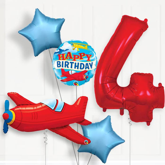 Red Airplane 4th Birthday Helium Balloon Package - 4th Birthday Balloon Package | Party Save Smile