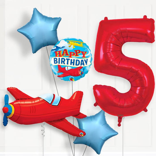 Red Airplane 5th Birthday Helium Balloon Package - 5th Birthday Balloon Package | Party Save Smile