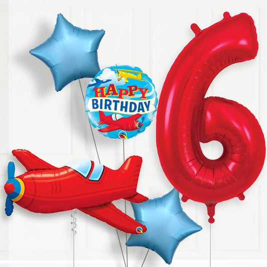 Red Airplane 6th Birthday Helium Balloon Package - 6th Birthday Balloon Package | Party Save Smile
