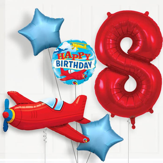 Red Airplane 8th Birthday Helium Balloon Package - 8th Birthday Balloon Package | Party Save Smile