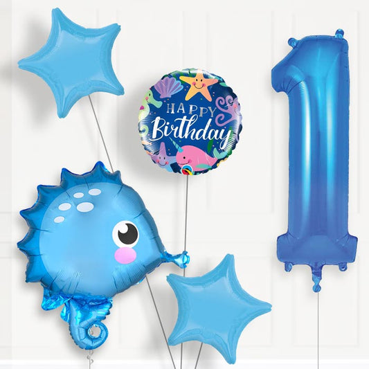Blue Seahorse 1st Birthday Helium Balloon Package - 1st Birthday Balloon Package | Party Save Smile