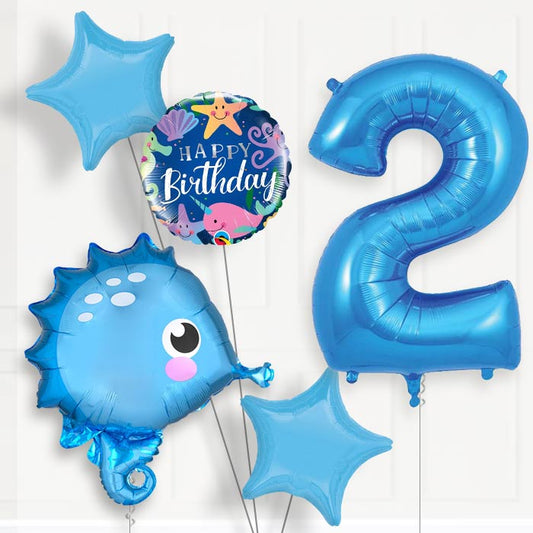 Blue Seahorse 2nd Birthday Helium Balloon Package - 2nd Birthday Balloon Package | Party Save Smile