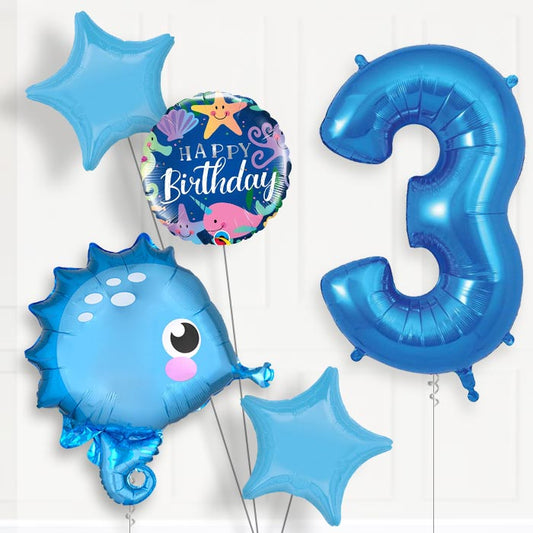 Blue Seahorse 3rd Birthday Helium Balloon Package - 3rd Birthday Balloon Package | Party Save Smile