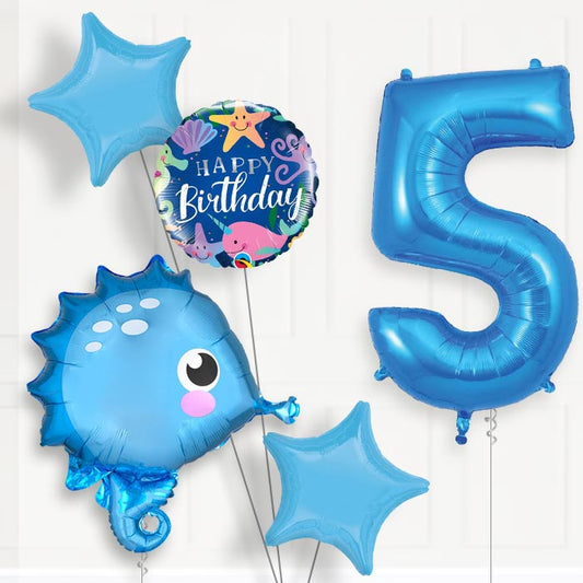 Blue Seahorse 5th Birthday Helium Balloon Package - 5th Birthday Balloon Package | Party Save Smile