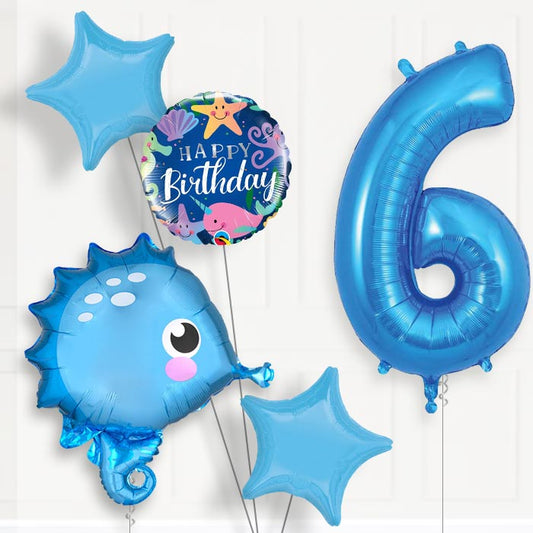 Blue Seahorse 6th Birthday Helium Balloon Package - 6th Birthday Balloon Package | Party Save Smile