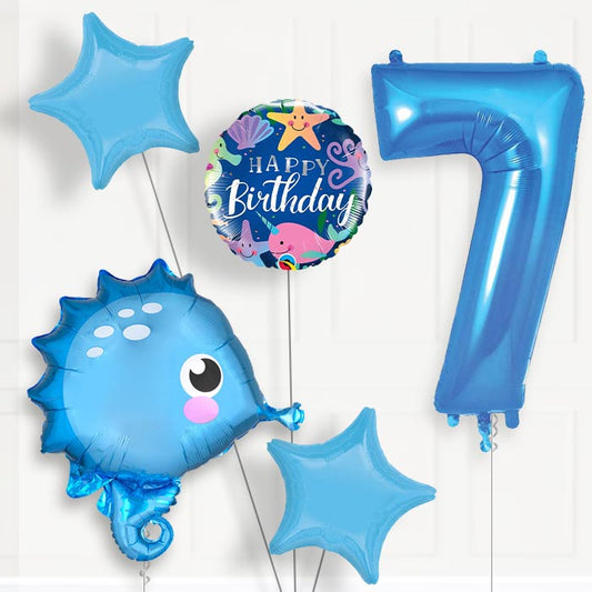 Blue Seahorse 7th Birthday Helium Balloon Package - 7th Birthday Balloon Package | Party Save Smile