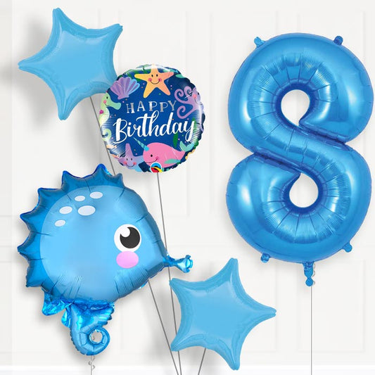Blue Seahorse 8th Birthday Helium Balloon Package - 8th Birthday Balloon Package | Party Save Smile