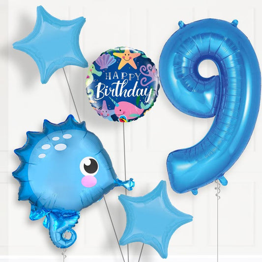Blue Seahorse 9th Birthday Helium Balloon Package - 9th Birthday Balloon Package | Party Save Smile