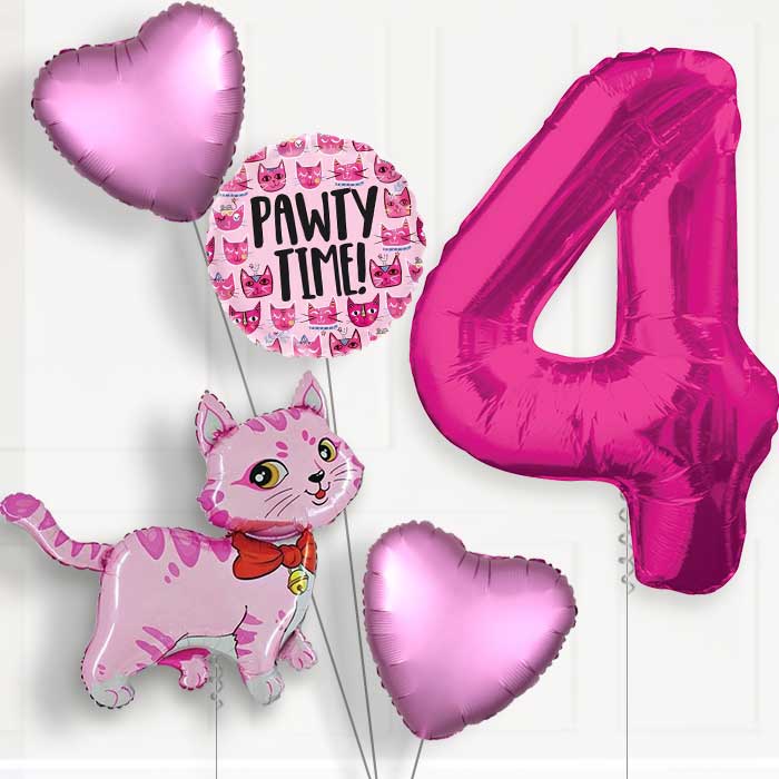 Cat Party Hat 4th Birthday Helium Balloon Package - 4th Birthday Balloon Package | Party Save Smile