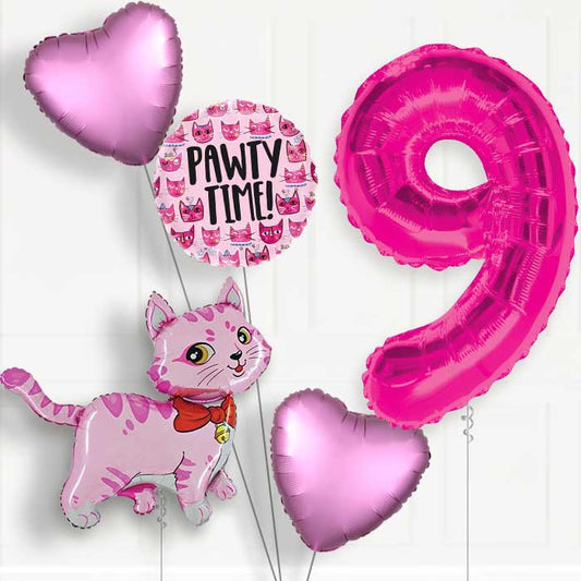 Cat Party Hat 9th Birthday Helium Balloon Package - 9th Birthday Balloon Package | Party Save Smile