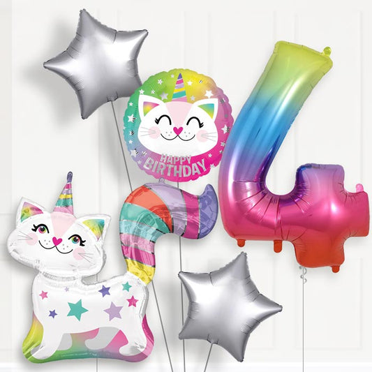 Caticorn 4th Birthday Helium Balloon Package - 4th Birthday Balloon Package | Party Save Smile