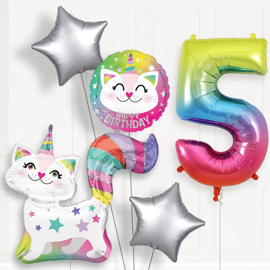 Caticorn 5th Birthday Helium Balloon Package - 5th Birthday Balloon Package | Party Save Smile