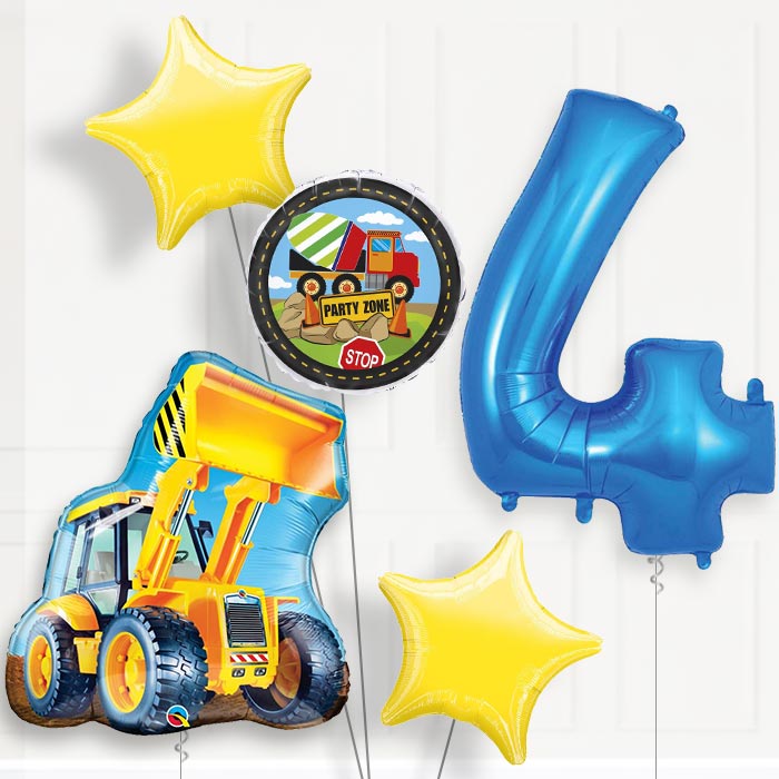 Construction Digger 4th Birthday Helium Balloon Package - 4th Birthday Balloon Package | Party Save Smile