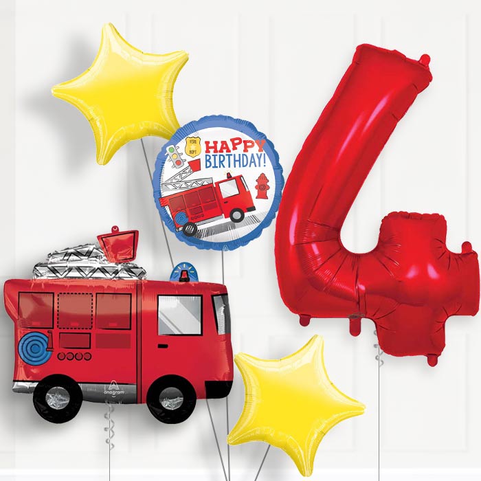 Fire Engine 4th Birthday Helium Balloon Package - 4th Birthday Balloon Package | Party Save Smile