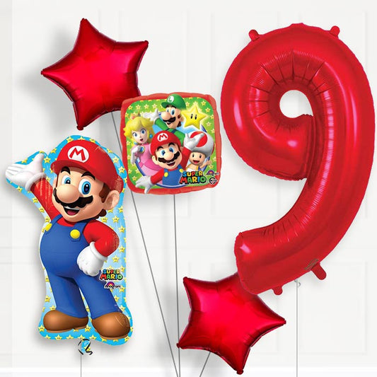 Mario 9th Birthday Helium Balloon Package - 9th Birthday Balloon Package | Party Save Smile