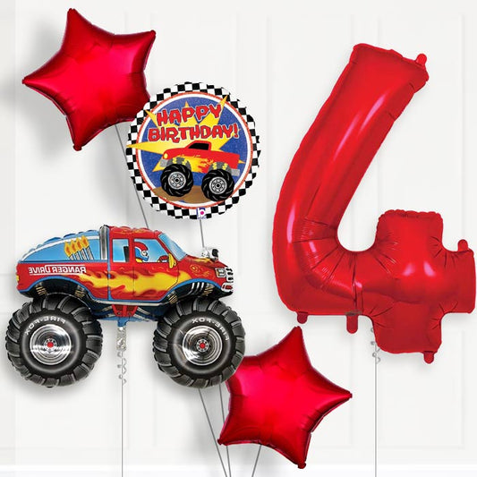 Monster Truck 4th Birthday Helium Balloon Package - 4th Birthday Balloon Package | Party Save Smile