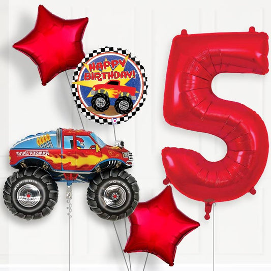 Monster Truck 5th Birthday Helium Balloon Package - 5th Birthday Balloon Package | Party Save Smile