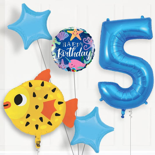 Puffer Fish 5th Birthday Helium Balloon Package - 5th Birthday Balloon Package | Party Save Smile