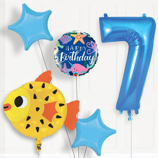 Puffer Fish 7th Birthday Helium Balloon Package - 7th Birthday Balloon Package | Party Save Smile