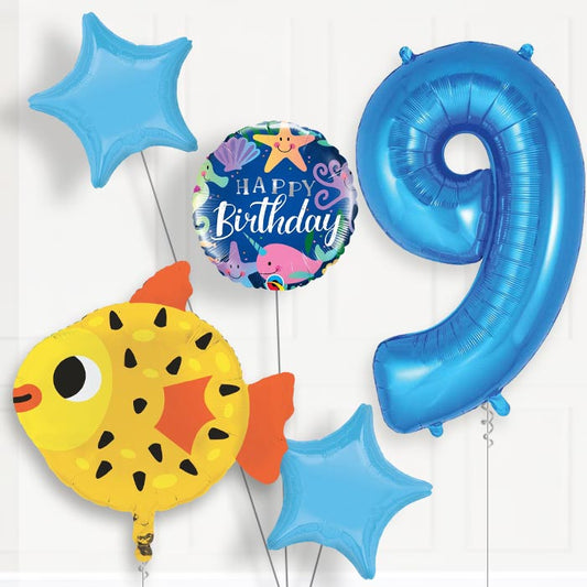 Puffer Fish 9th Birthday Helium Balloon Package - 9th Birthday Balloon Package | Party Save Smile