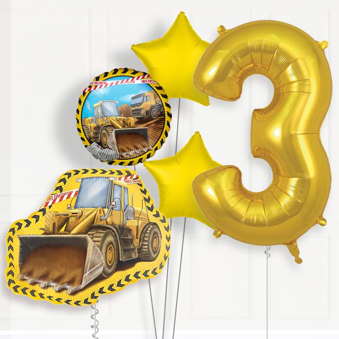 Yellow Construction Digger 3rd Birthday Helium Balloon Package - 3rd Birthday Balloon Package | Party Save Smile