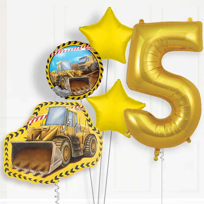 Yellow Construction Digger 5th Birthday Helium Balloon Package - 5th Birthday Balloon Package | Party Save Smile