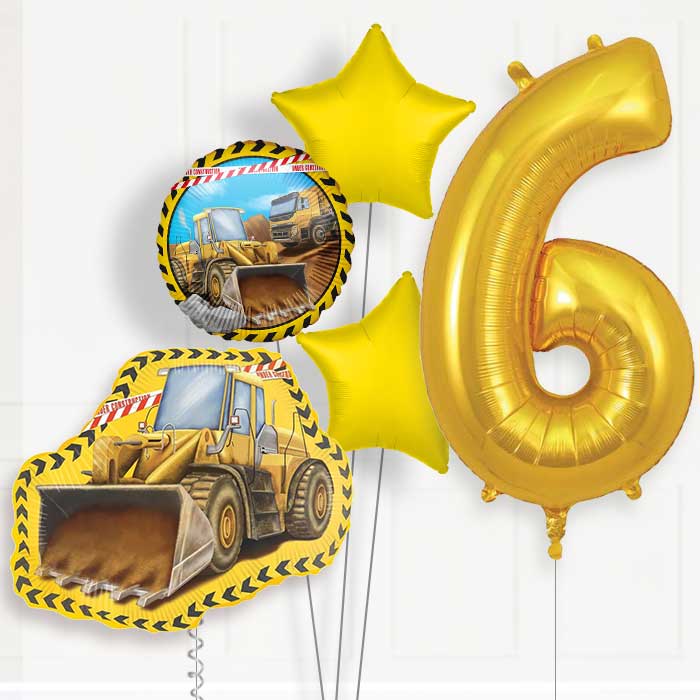 Yellow Construction Digger 6th Birthday Helium Balloon Package - 6th Birthday Balloon Package | Party Save Smile