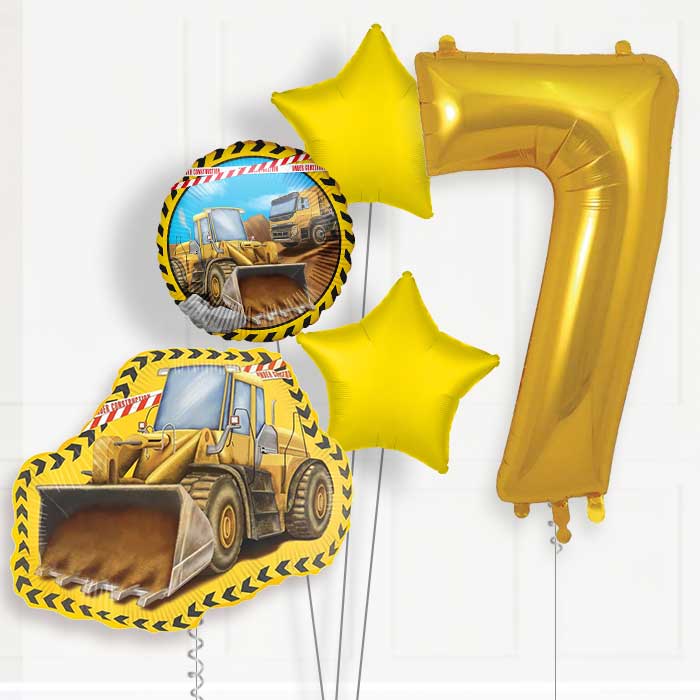Yellow Construction Digger 7th Birthday Helium Balloon Package - 7th Birthday Balloon Package | Party Save Smile