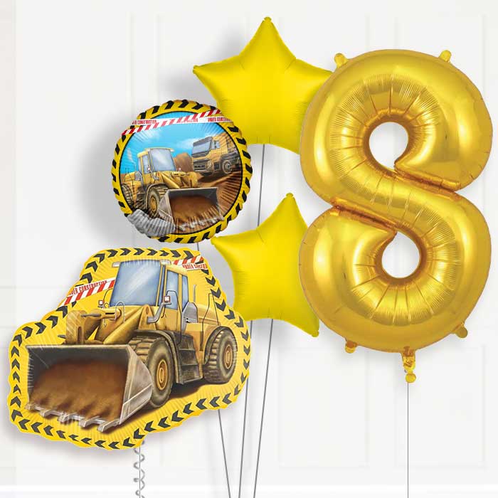 Yellow Construction Digger 8th Birthday Helium Balloon Package - 8th Birthday Balloon Package | Party Save Smile