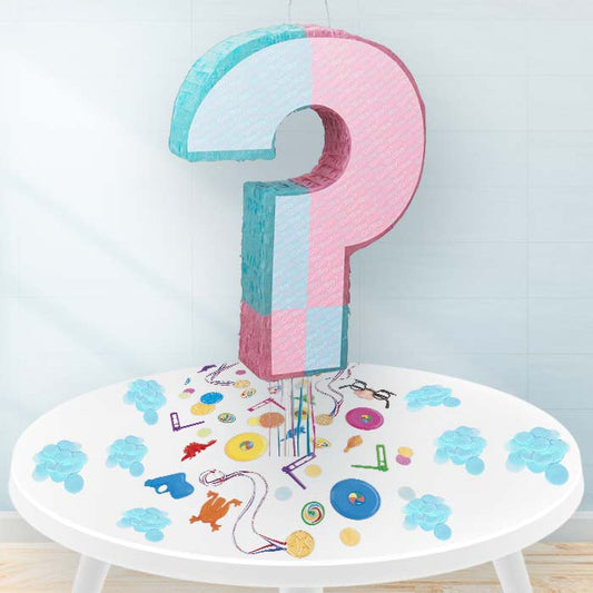 Gender Reveal Question Mark Baby Shower Pinata Party Kit with Favours and Blue Confetti