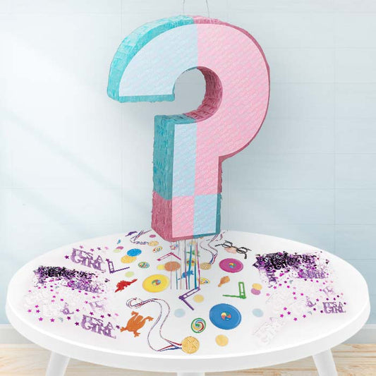 Gender Reveal Question Mark Baby Shower Pinata Party Kit with Favours and It&rsquo;s a Girl Pink Confetti