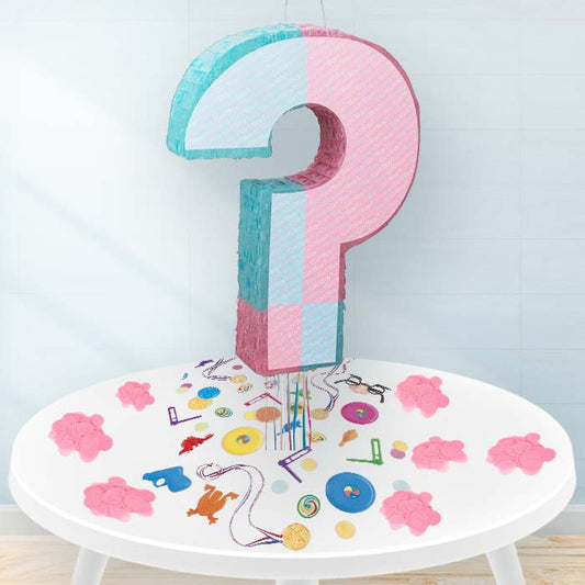 Gender Reveal Question Mark Baby Shower Pinata Party Kit with Favours and Pink Confetti