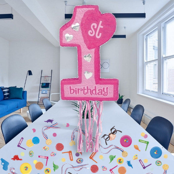 Age 1 Pink Pull Pinata Party Kit with Favours and Confetti | Party Save Smile