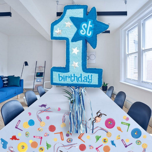 Age 1 Blue Pull Pinata Party Kit with Favours and Confetti | Party Save Smile