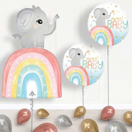 Baby Elephant with Rainbow Balloon Display Package Delivered Inflated - Balloon Package | Party Save Smile