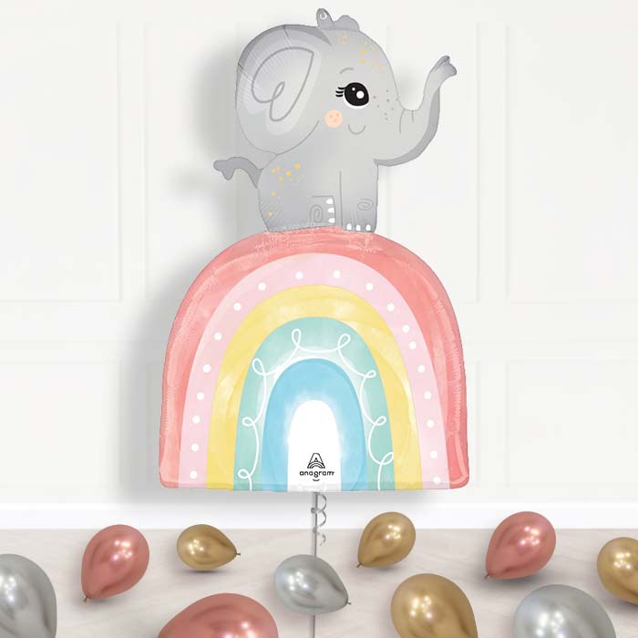 Baby Elephant with Rainbow Balloon Display Package Delivered Inflated - Supershape Balloon | Party Save Smile