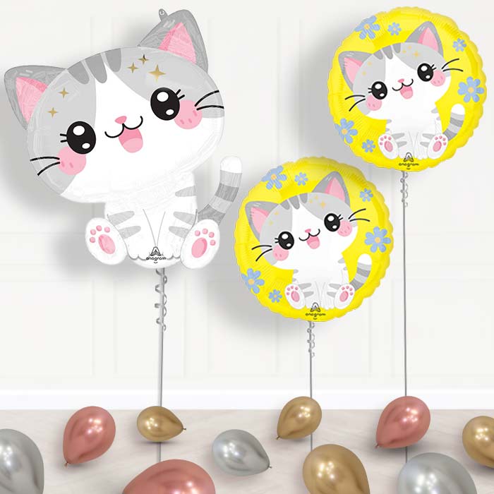 Kawaii Kitten Balloon Display Package Delivered Inflated - Balloon Package | Party Save Smile