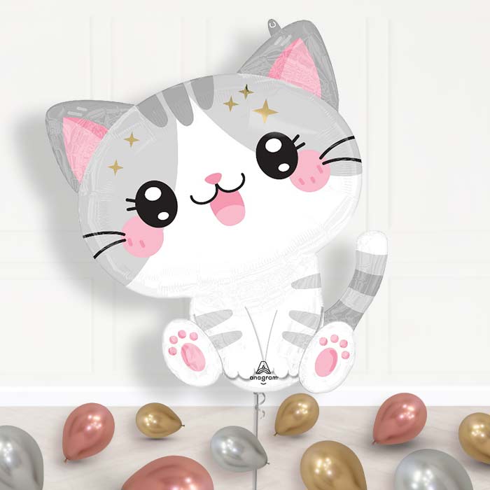Kawaii Kitten Balloon Display Package Delivered Inflated - Supershape Balloon | Party Save Smile