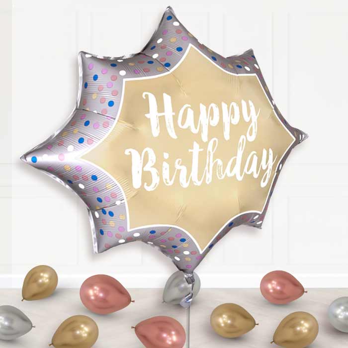 Satin Gold Burst Happy Birthday Helium Balloon Display Package - Supershape Balloon | Party Save Smile