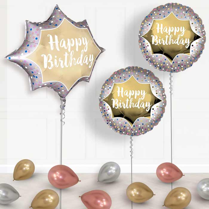 Satin Gold Burst Happy Birthday Helium Balloon Display Package - Balloon Package | Party Save Smile