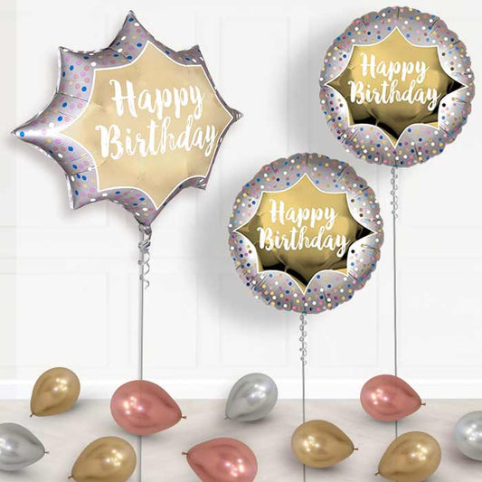 Satin Gold Burst Happy Birthday Helium Balloon Display Package - Balloon Package | Party Save Smile